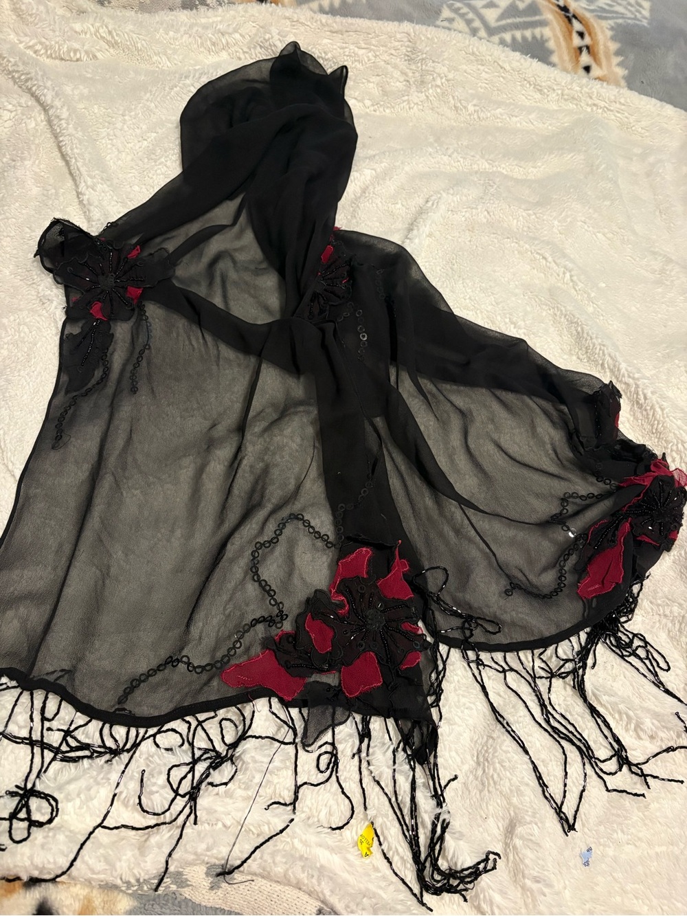 Black Sheer Scarf with Red Floral Appliqué and Fringe
